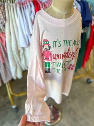 Youth Wonderful Time of Year Crew Neck Long Sleeve T-Shirt Light Pink/Multi