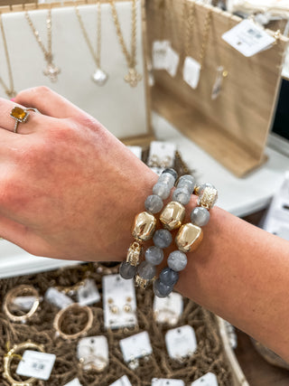 Grey Stone & Gold Set of 3 W/ Rhinestone Accents Stretch Bracelets