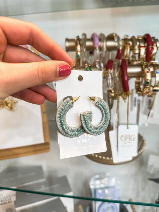 Sage & Light Blue Bead Wrapped Hoop Earrings