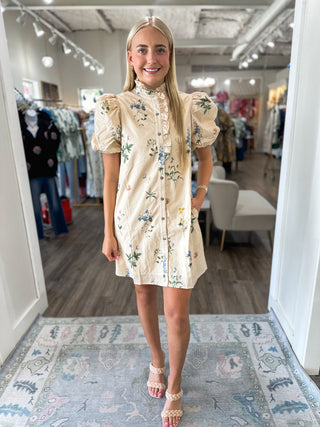 Ecru Garden Stroll Ruffle Neck Mini Dress