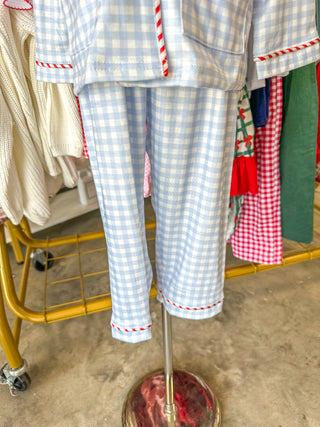 Blue Christmas Santa Embroidery Plaid Girls Pajama Set