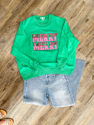 Green Merry Merry Sequin Chenille Patch Super Soft Sweatshirt