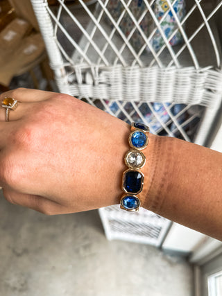 Gold W/ Blue & Clear Crystals Stretch Bracelets