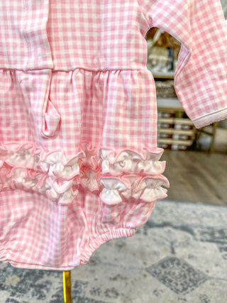 Lucy Pink Mini Checks Collared Long Sleeve Bubble- Magnolia Baby