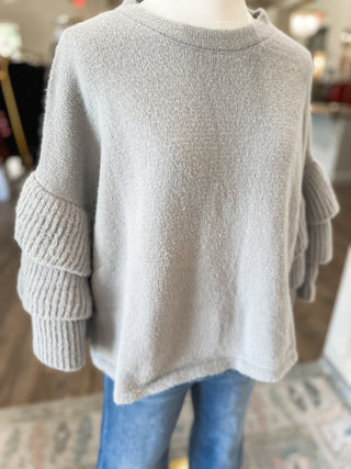 Light Grey Fuzzy Tiered Ruffle Sleeve Sweater