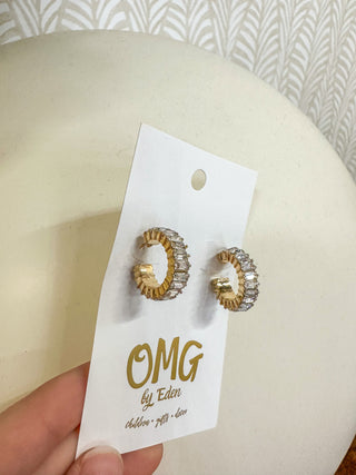 Gold Huggie Baguette Crystal Earrings