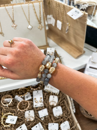 Grey Stone & Gold Set of 3 W/ Rhinestone Accents Stretch Bracelets