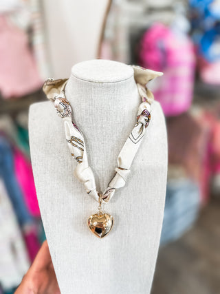 Cream/Neutral Knotted Scarf Necklace W/ Hammered Puffy Heart Charm