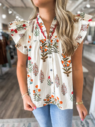 Cream Whimsy Blooms Button-Up Top