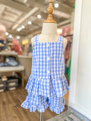 Kids BLUE Check Gingham Ruffle Button Short Set