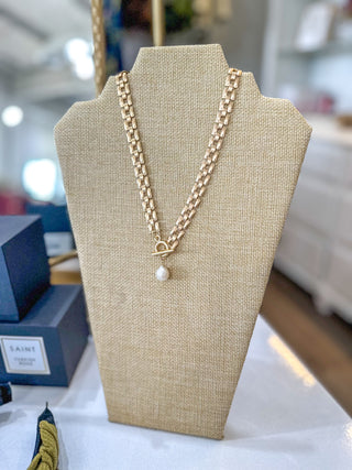 Alyssa Matte Gold Presidential Chain W/ Toggle & Drop Pearl Necklace