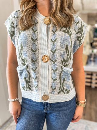 Light Blue Flowering Charm Gold Metal Button Sleeveless Sweater