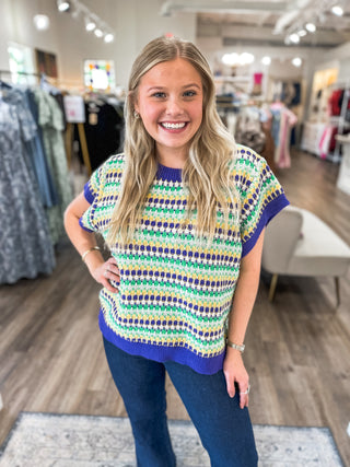 Mardi Gras Style Color Stripe Round Neck Sweater Top
