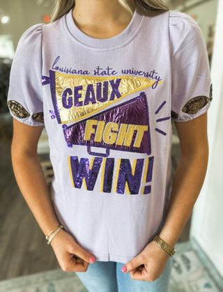 Purple & Gold Geaux, Fight, WIN Sequin Spirit Puff Sleeve Top