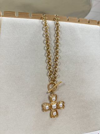 Gold Chain W/ Gold Cross & Pearl 18" Necklace