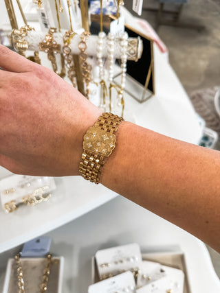 Thick Gold Watchband with Crystal Starburst Bracelet
