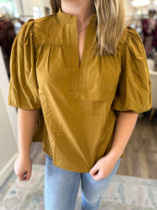 Camel Standing Collar Poplin Top