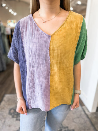 Simple Fun Mardi Gras Color Block Cotton Gauze Relaxed Fit Top