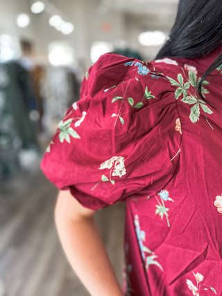 Burgundy Garden Stroll Ruffle Neck Mini Dress