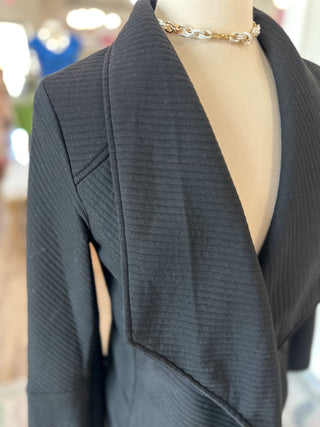 Black Textured Long Blazer with Pockets