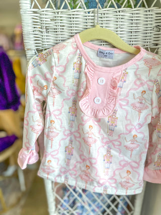 Pink Nutcracker & Bow Print Ruffle Pajama Set