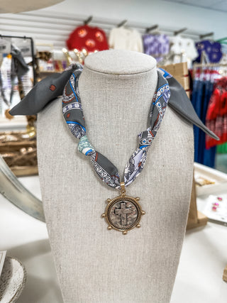 Grey & Navys W/ Cross Coin Knotted Scarf Necklace