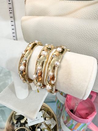 Gold Stretch Bracelet W/ Multi Rhinestone & Pearl Studded Accents