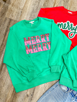 Green Merry Merry Sequin Chenille Patch Super Soft Sweatshirt