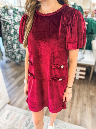 Garnet Velvet Winter Wonderful Braided Accents Dress