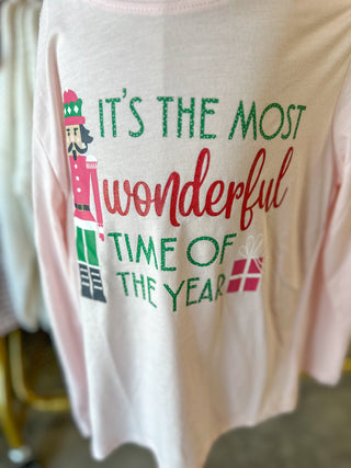 Youth Wonderful Time of Year Crew Neck Long Sleeve T-Shirt Light Pink/Multi