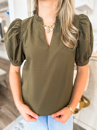 Olive Ruffle Puff Sleeve Textured Top