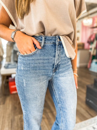 Davy High Rise-Crop Straight-Distressed Shadow Hem Medium Wash Jeans - RISEN