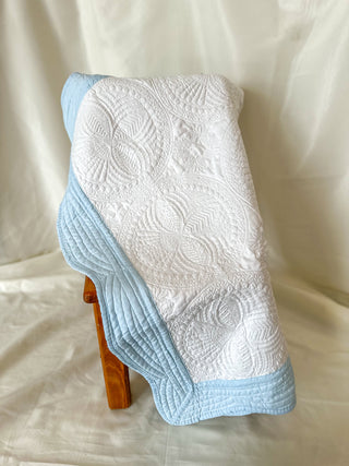 White W/ Baby Blue Trim Baby Quilt