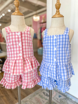 Kids BLUE Check Gingham Ruffle Button Short Set