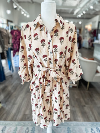 Ecru Floral Whispers Tie Waist Mini Dress
