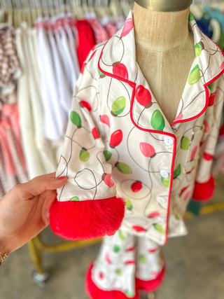 Christmas Lights Print Pajama Set W/ Red Furry Trim