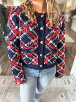 Navy Tartan Holiday Button Down Cardigan
