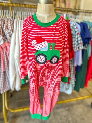 Red Santa Truck Applique Stripe Boys Romper