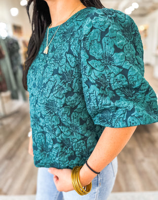 Hunter Green Runway Rose Jacquard Blouse