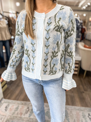 Light Blue Flowering Charm Button Up Sweater Cardigan