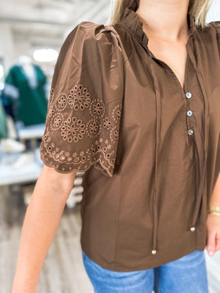 The Brown Claire Eyelet Trim Blouse
