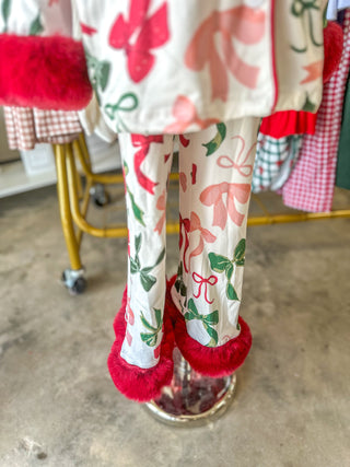 Holiday Bow Print Christmas Pajama Set - Girls Cozy Red Trim Sleepwear