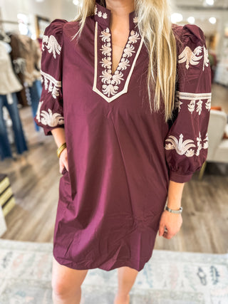 The Burgundy Ever After Embroidered Mini Dress