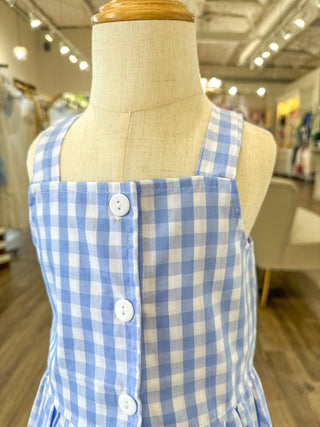 Kids BLUE Check Gingham Ruffle Button Short Set