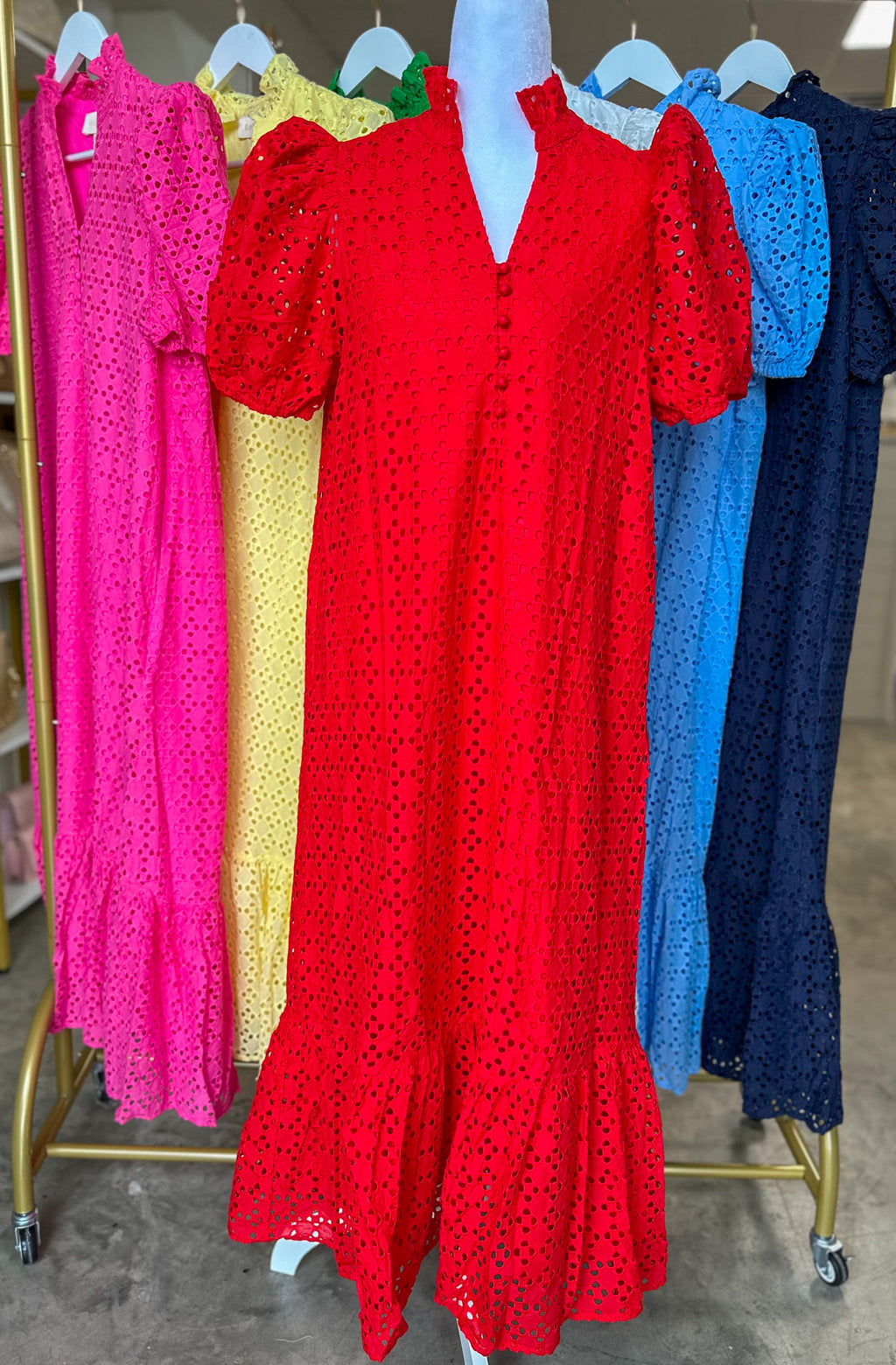 knee length dresses for ladies Sail to Sable Red Eyelet Cinched Waist Midi Dress Chili Pepper / XL / F25305