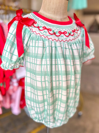 Christmas Baby Girl Smocked Embroidered Green Plaid Bubble