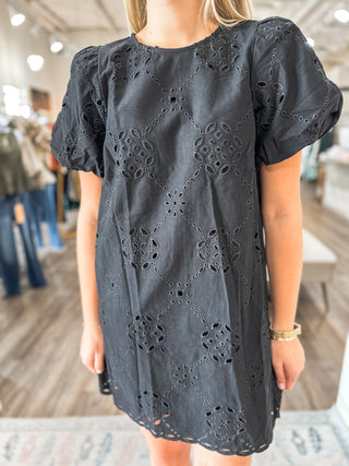 Black Sweet Magnolia Eyelet Mini Dress