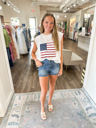 Off White Born In The USA Sequin Flag Sleeveless Knit Top