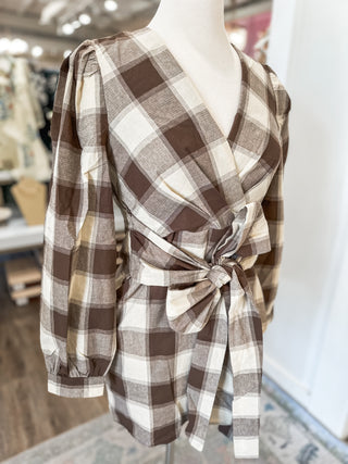 Brown Fireside Plaid Tie Mini Dress