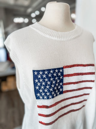 Off White Born In The USA Sequin Flag Sleeveless Knit Top